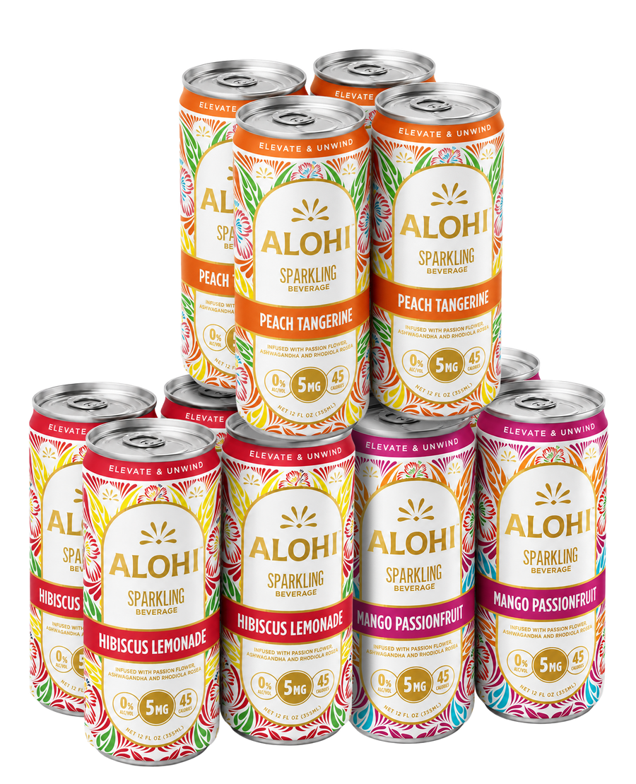 A twelve-can Alohi variety pack in all three flavors