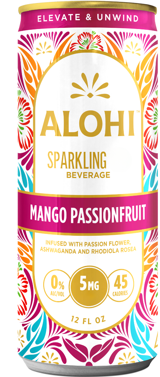 A can of Alohi sparkling beverage with mango passionfruit flavor on a white background
