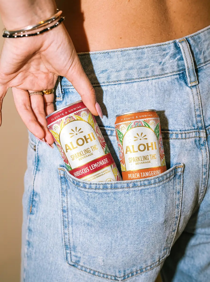 Alohi sparkling beverages, one of hibiscus lemonade and the other one of peach tangerine